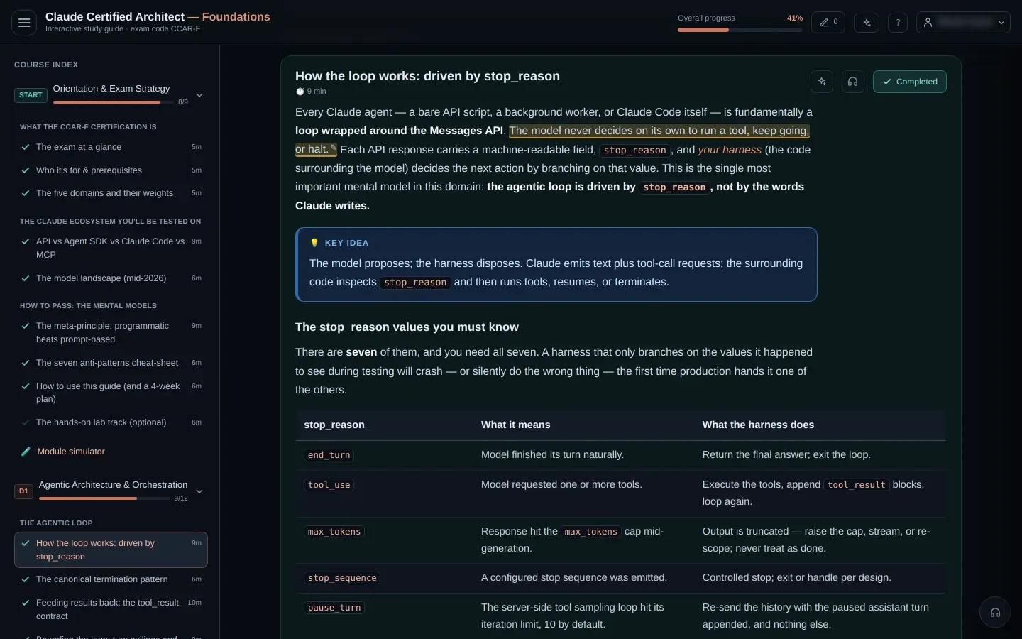A CCAR-F lesson open in the guide: the course index on the left, the stop_reason table, a key-idea callout, and one of the reader's own highlights.