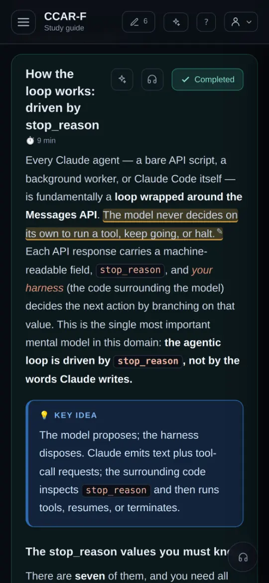 The guide on a phone: the header collapses to CCAR-F, the lesson reads full width, highlights intact.