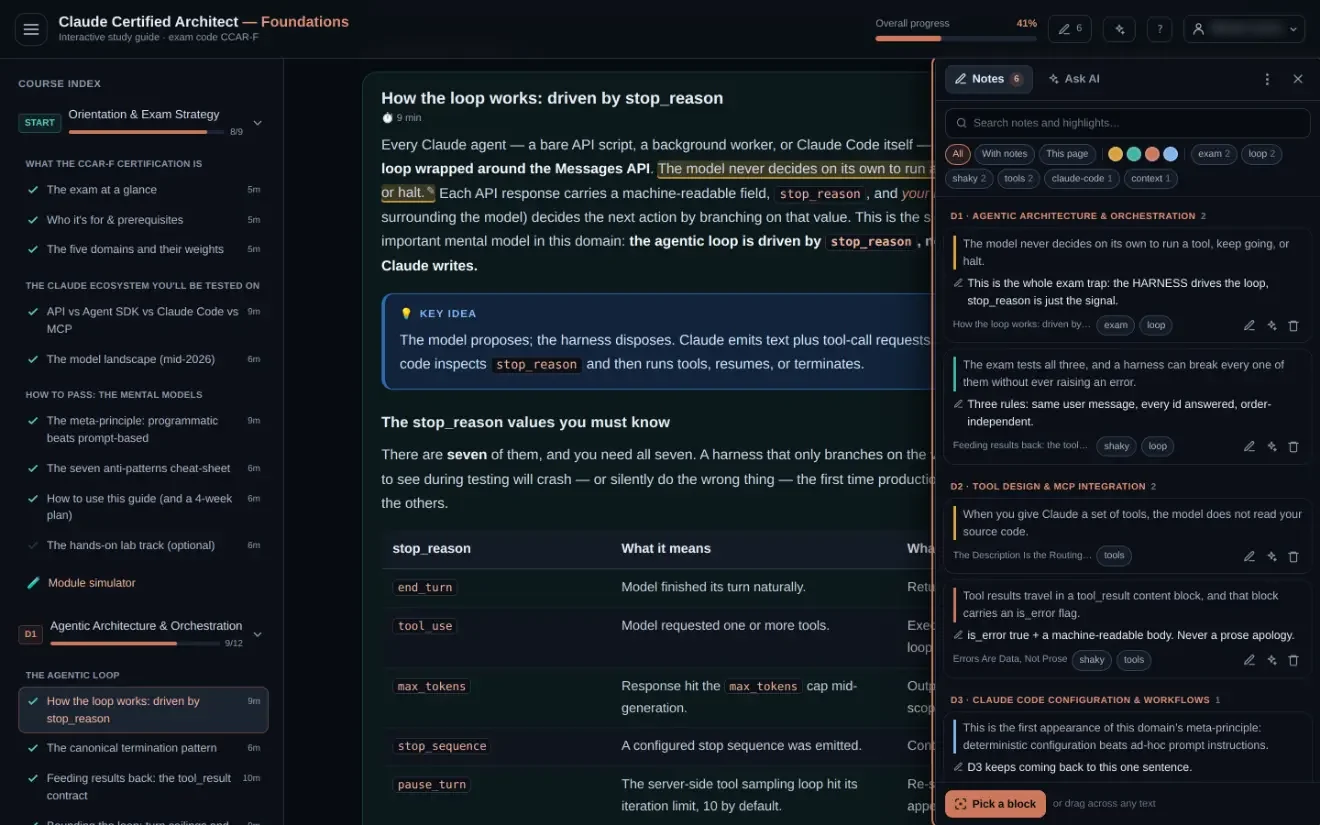 The notes panel: highlights grouped by domain, each with the quote, the reader's note and their own tags, filtered by colour and tag.